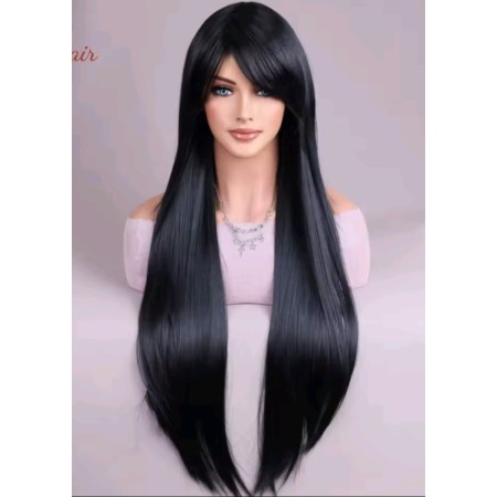 Peluca negra , con semi flequillo liso 80 cm ( WIG80)