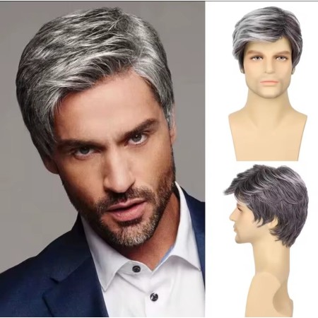 Peluca hombre sintética, color gris plateado, pelo liso, de uso diario