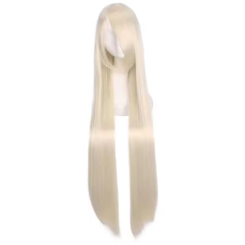 Peluca larga, pelo sintético muy real , liso , rubio claro con flequillo 100 cm. (K001-09)