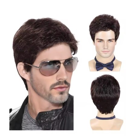 Peluca sintética color castaño  para hombre Largo 6 pulgadas