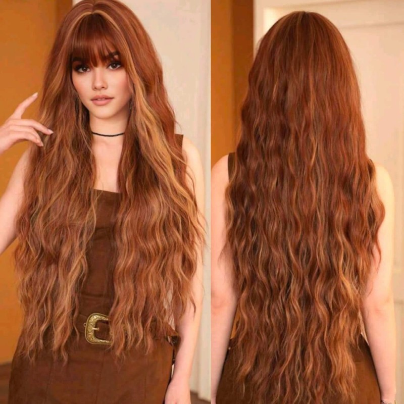 Peluca Larga rizada con flequillo Color Marrón Cobrizo con visos resaltados dorados MW9193-1