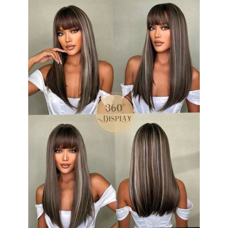 Peluca Rubio plateado con visos 22 pulgadas con flequillo