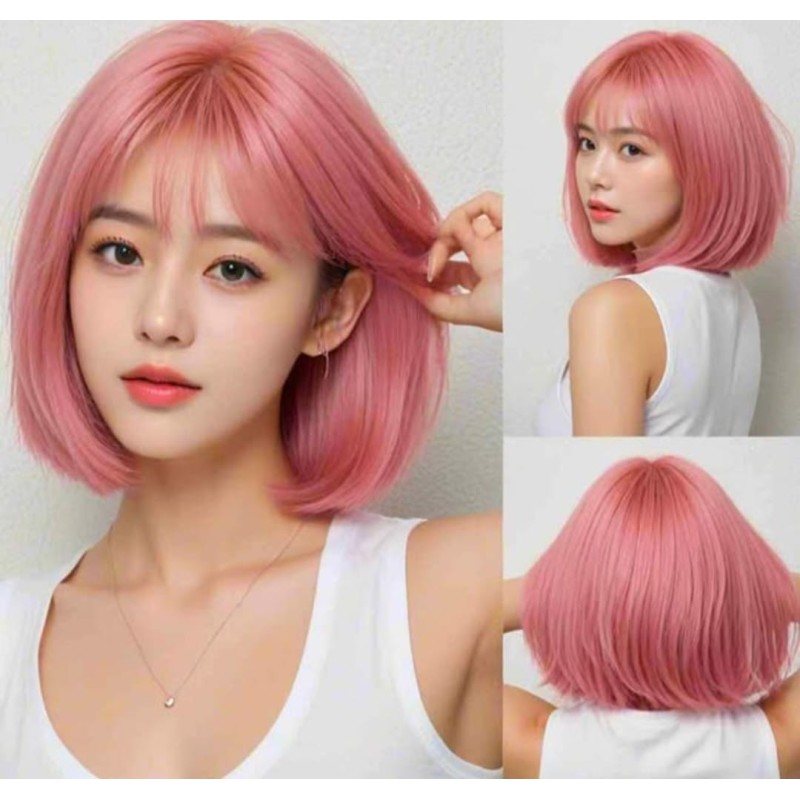 Peluca Melena Bob color rosa , largo 32 cm