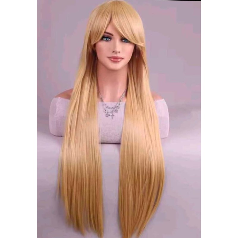 Peluca larga lisa rubia dorada, con semi flequillo de uso diario wig 09