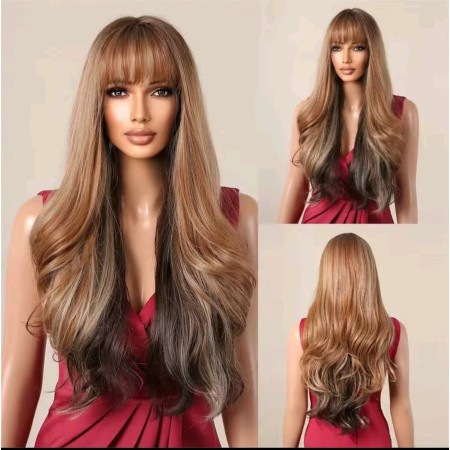 Peluca sintética larga con flequillo , marrón miel degradado largo ondulado (LC2136-1)