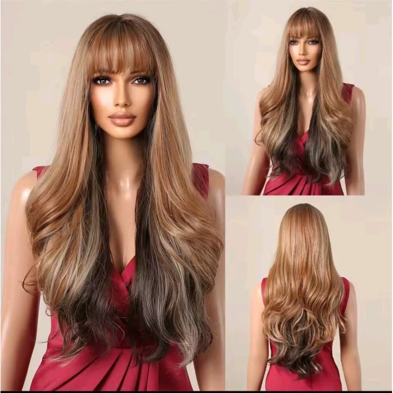 Peluca sintética larga con flequillo , marrón miel degradado largo ondulado (LC2136-1)