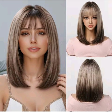 Peluca sintética Melena tipo Bob, dorado champan degradé con raíces  marrón y negro  LC2067-1