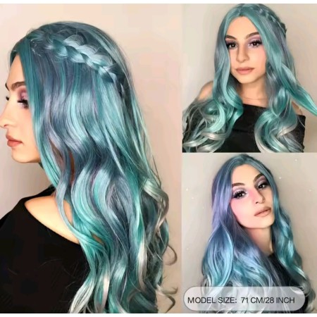 Peluca sintética larga, ondulada, color :turquesa con reflejos grises degradé (83YX132)