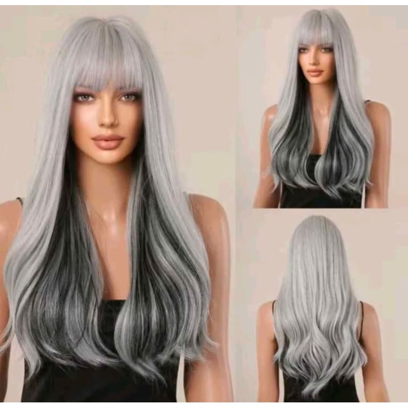 Peluca gris con reflejos negros larga ondulada con flequillo ( LC 1092-1)