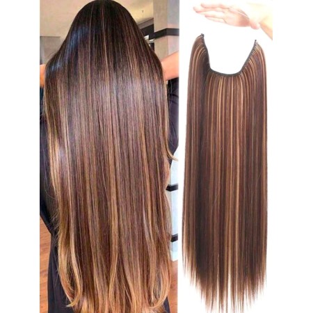 Extensión sintética pelo liso rubio mezclado con marrón ,  extra largo 28 pulgadas