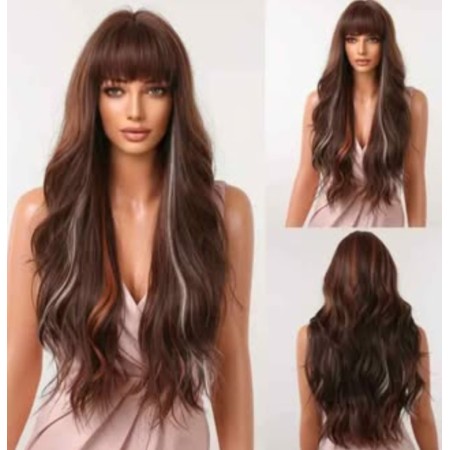 Peluca sintética color castaño con toques de visos grises y marrones degradé, larga 71 cm ( LC2074-3)