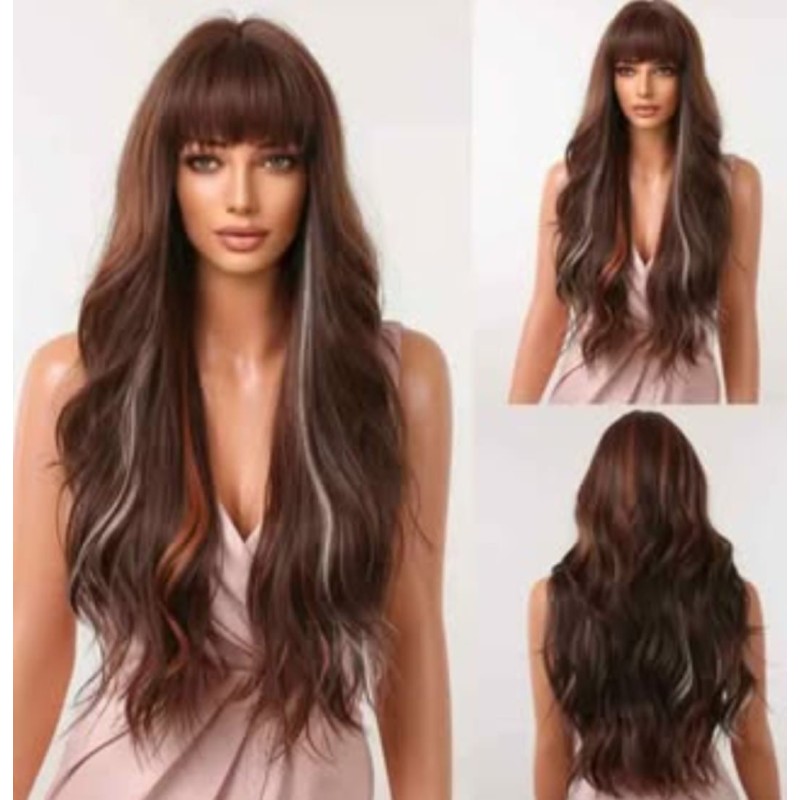 Peluca sintética color castaño con toques de visos grises y marrones degradé, larga 71 cm ( LC2074-3)