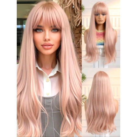 Peluca sintética larga 26 pulgadas, color rubio rosa, con flequillo, semi ondulado ( LC6289-3)