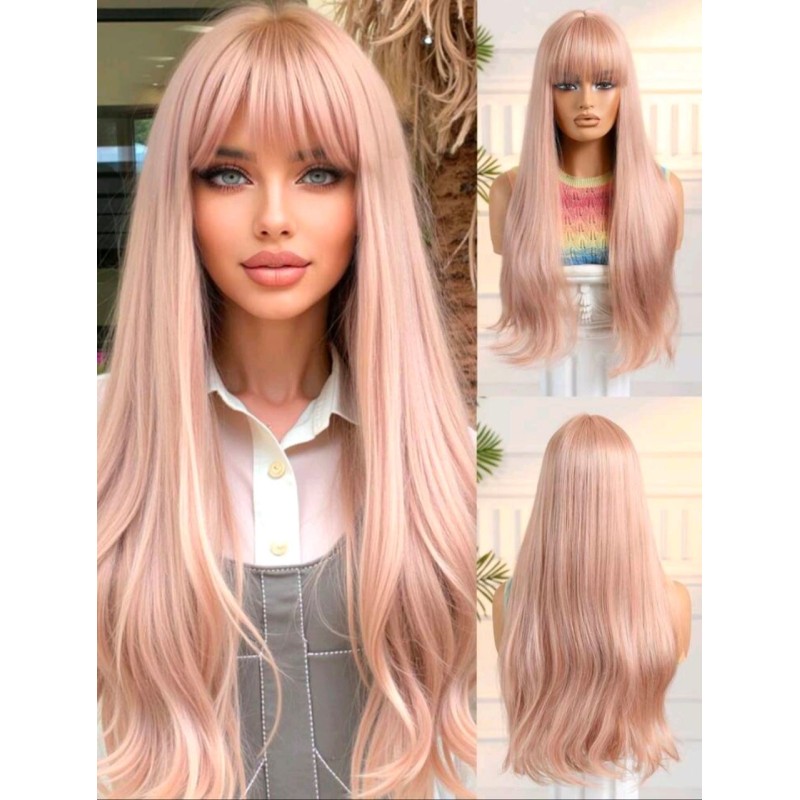Peluca sintética larga 26 pulgadas, color rubio rosa, con flequillo, semi ondulado ( LC6289-3)