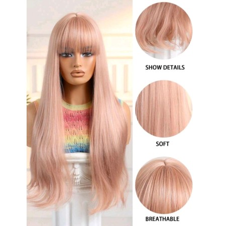 Peluca sintética larga 26 pulgadas, color rubio rosa, con flequillo, semi ondulado ( LC6289-3)