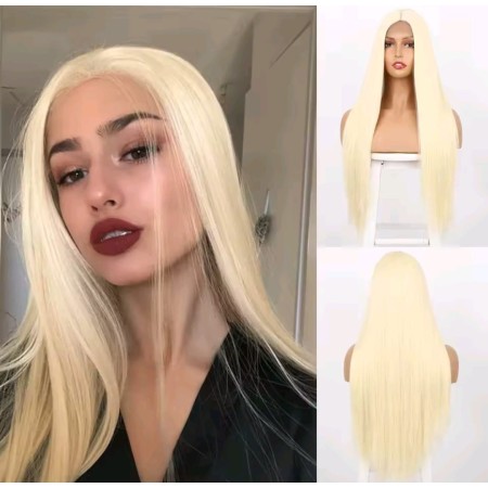 Peluca sintética , larga lisa , rubio claro, sin flequillo ( color 5)