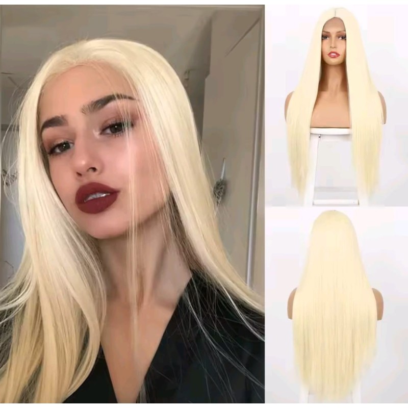 Peluca sintética , larga lisa , rubio claro, sin flequillo ( color 5)