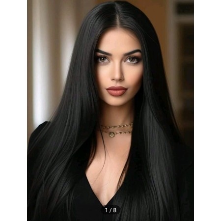 Peluca sintética negra  , pelo liso , largo : de 28 pulgadas de uso diario