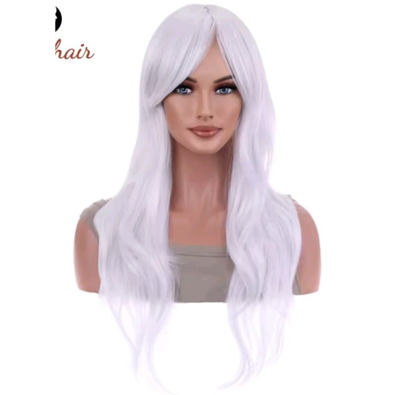 Peluca sintética, color blanco platinado  , rizado ondulado , semi flequillo