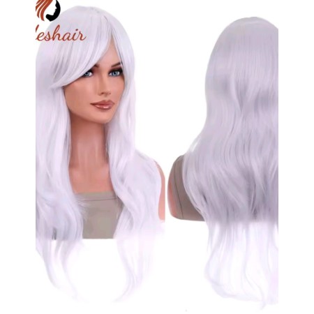 Peluca sintética, color blanco platinado  , rizado ondulado , semi flequillo