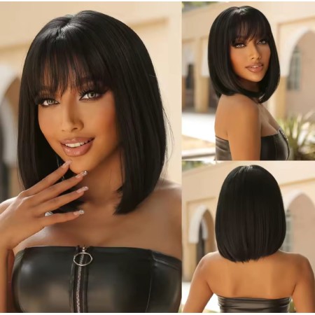 Peluca sintética negra Bob con flequillo ,de uso diario (BBW465)