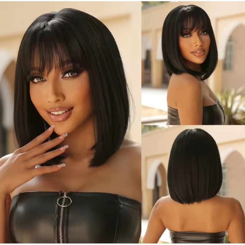 Peluca sintética negra Bob con flequillo ,de uso diario (BBW465)