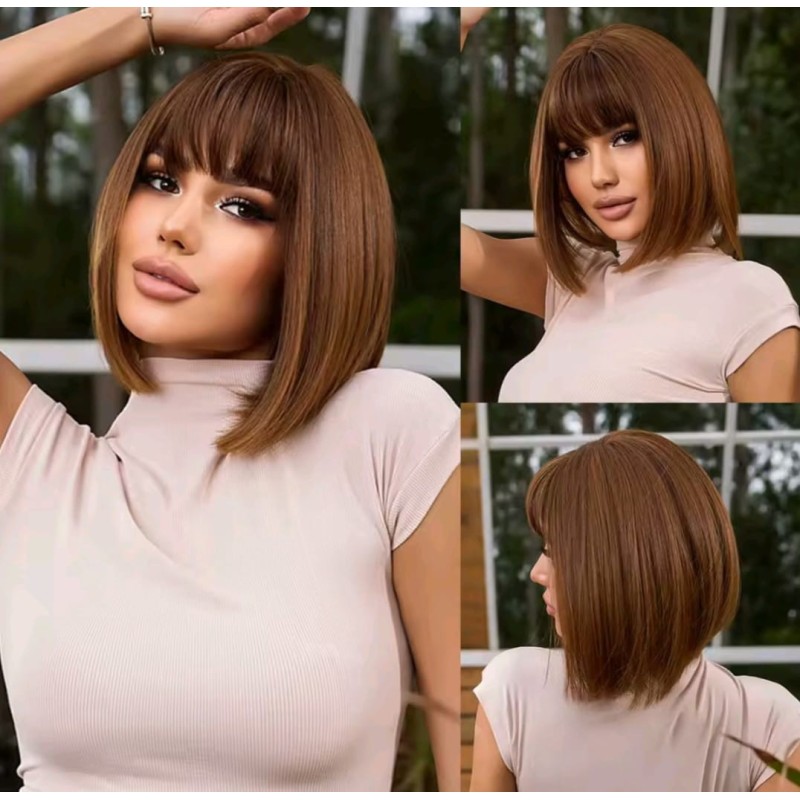 Peluca Bob Castaño Marrón con flequillo de uso diario (SS155-1)