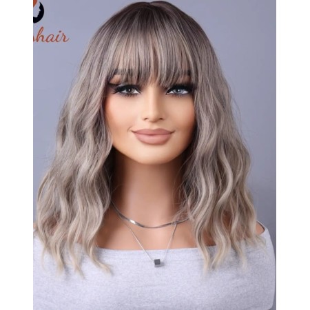 Peluca sintética Melena, color castaño con visos platinados, con flequillo (LC030-5)