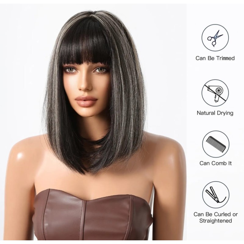 Peluca sintética color negro con visos platinados, con flequillo ,de uso diario ( LC3014-1)