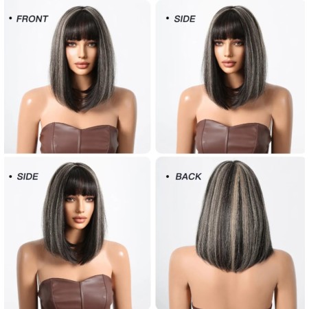 Peluca sintética color negro con visos platinados, con flequillo ,de uso diario ( LC3014-1)