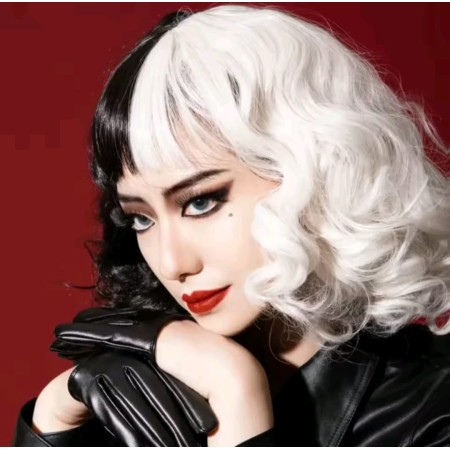 Peluca sintética Melena color blanco negro rizado con flequillo ( ABZ602)