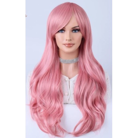Peluca sintética rizada larga , color rosado, semi flequillo 26 pulgadas