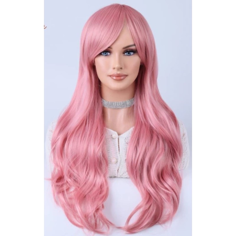 Peluca sintética rizada larga , color rosado, semi flequillo 26 pulgadas