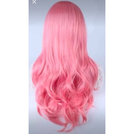 Peluca sintética rizada larga , color rosado, semi flequillo 26 pulgadas
