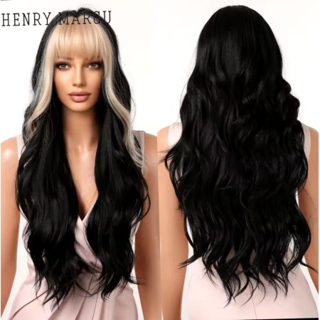 Peluca sintética, color negro con flequillo rubio, largo ondulado, de uso diario LC2074-5)