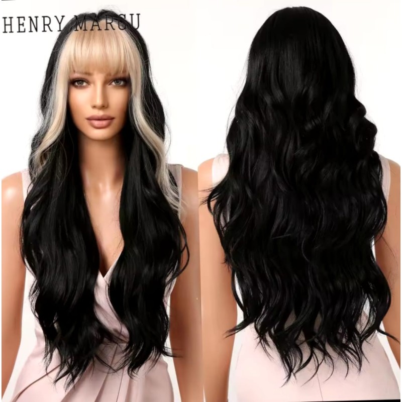 Peluca sintética, color negro con flequillo rubio, largo ondulado, de uso diario LC2074-5)