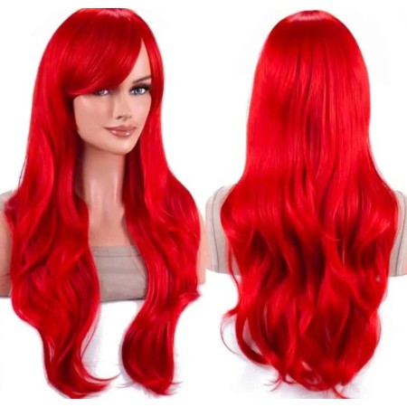 Peluca sintética de sirenita, color rojo fucsia , con semi flequillo, largo 26 pulgadas (BBW106)