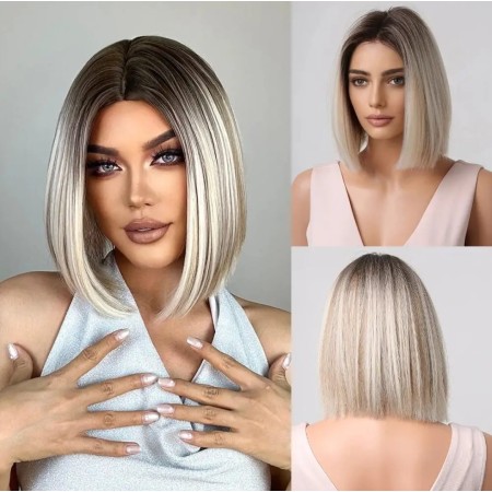 Peluca sintética Melena , color rubio Ceniza platinado degradé, de uso diario (LC2012-1)