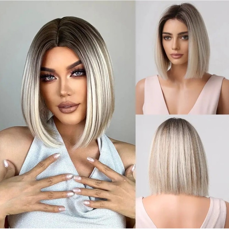 Peluca sintética Melena , color rubio Ceniza platinado degradé, de uso diario (LC2012-1)