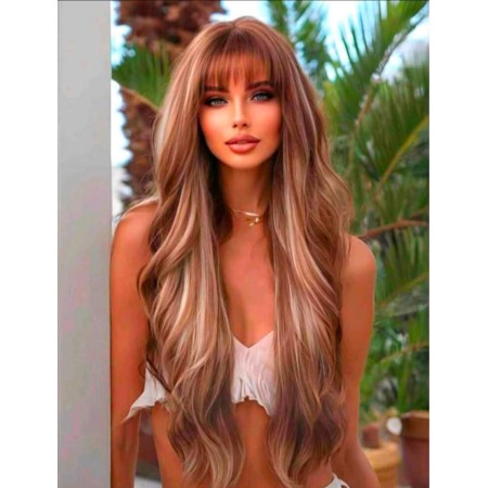 Peluca castaño claro con visos, larga, ondulada con flequillo (ZF1026-10)
