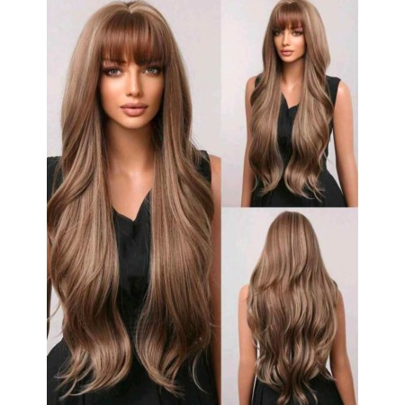 Peluca castaño claro con visos, larga, ondulada con flequillo (ZF1026-10)